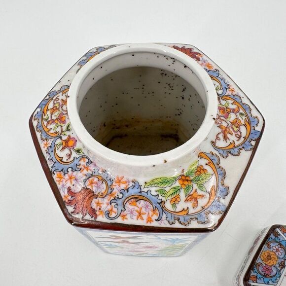 Hexagon Asian Handpainted Ceramic Ginger Tea Jar Mid Century Modern Birds MCM - Picture 7 of 9